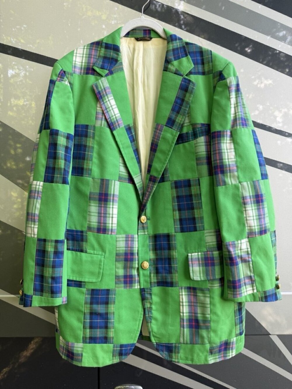 Vintage 80s Green tartan plaid patchwork preppy OLD MONEY tailored blazer 38